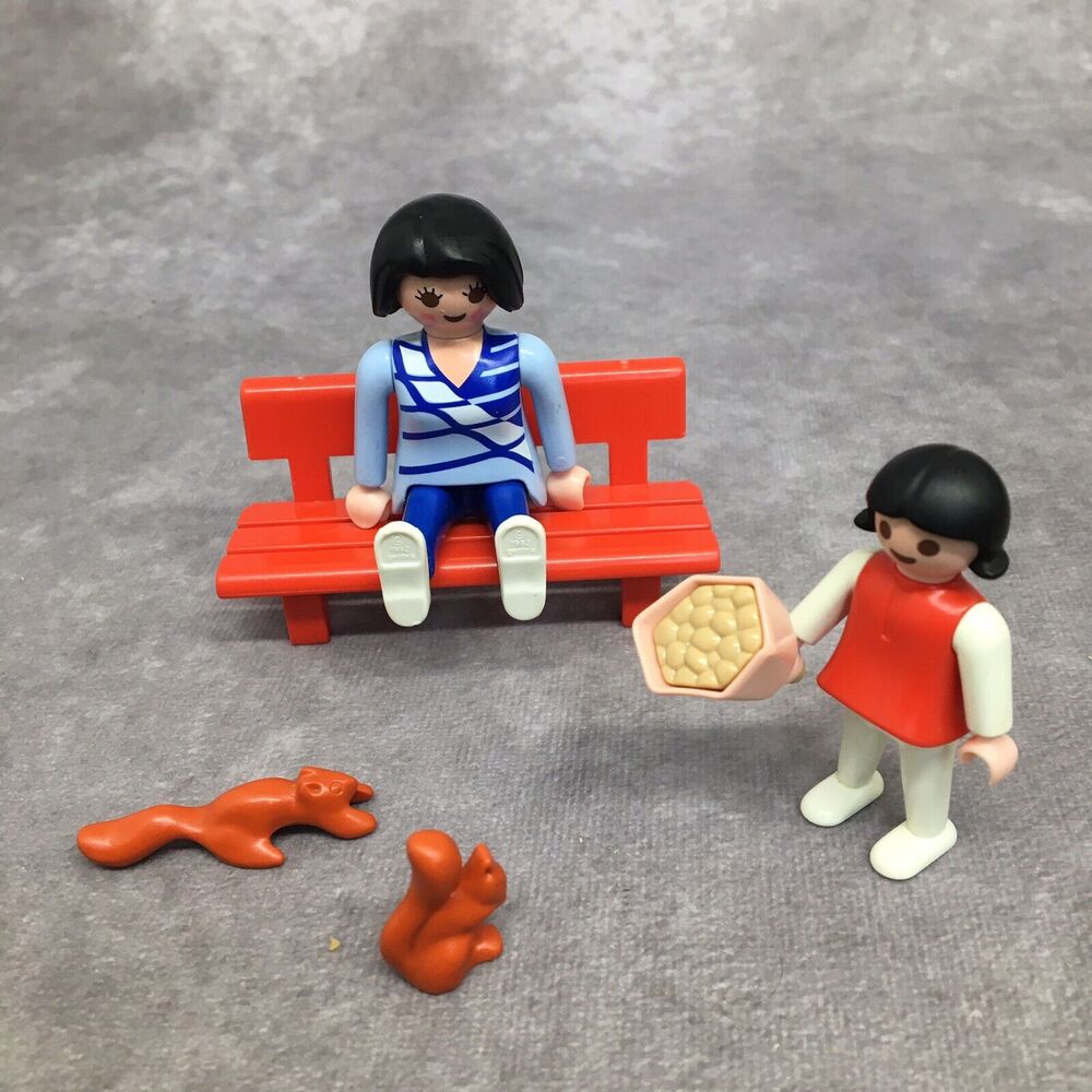 Playmobil Child Feeding Squirrels & Mom on Park Bench